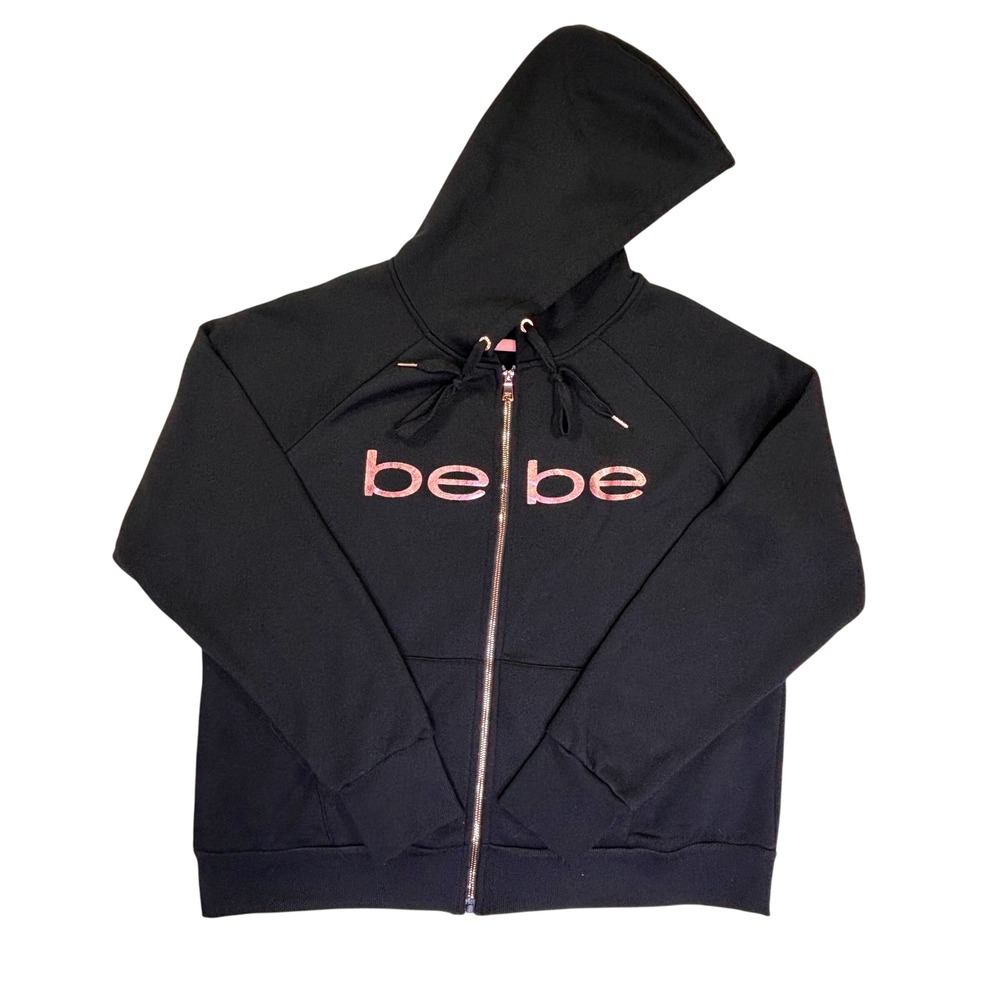 Bebe Sport Womens 2X Black Rose Gold Glitter Logo Full Zip Hoodie Sweatshirt
